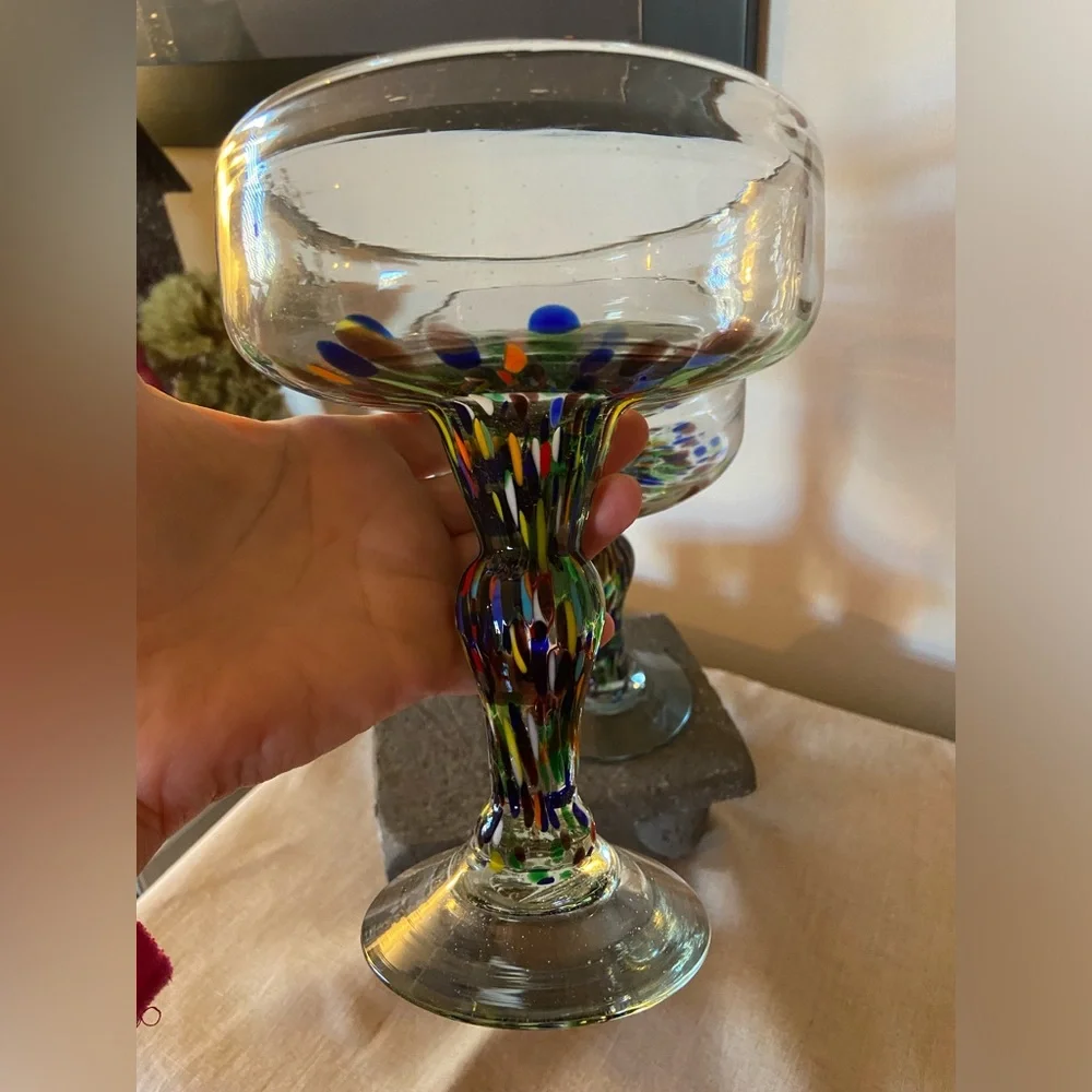 Pair Of Crate & Barrel Handblown Confetti Splatter Margarita Cocktail Gl…